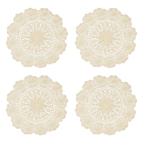 Phantomon 14-Inch Handmade Crochet Cotton Lace Round Table Placemats Doilies, Pack of 4 – Beige Vintage Table Decor (Beige)