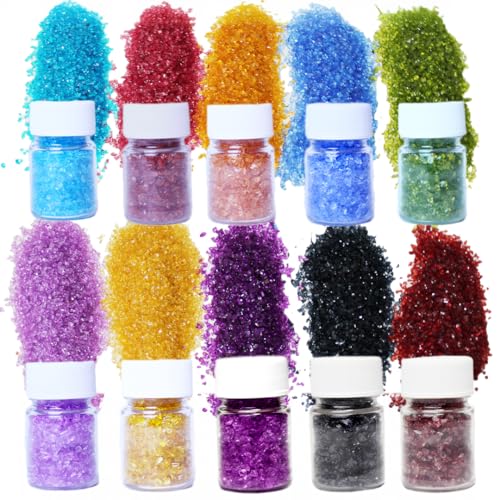 10Box -1LB Crushed Glass for Crafts Glitter Resin Art, Small Broken Glass Pieces, Transparent Chips DIY Vase Filler Decoration 1-3mm (Transparent)