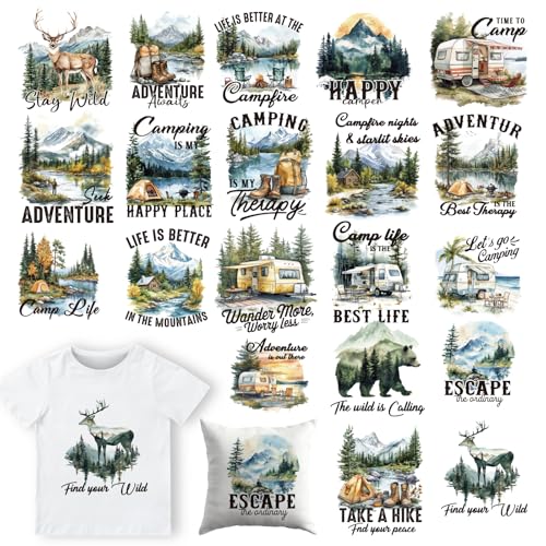 Dazoratix Camping Iron on Transfers - 20 Sheets Adventure DTF Ready to Press for T Shirts Mountain Wild Outdoor Heat Patches Stickers Vinyl Decals for Clothes Appliques Bag Hat Decorations DIY Crafts