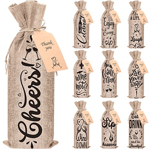 Shappy 10 Pieces Christmas Linen Wine Bags Gift Wrap Bags Christmas Cloth Wine Bags with Drawstring Wine Bags for Wine Bottles Cover for Christmas Valentine Wedding Birthday Party(Natural)