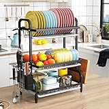 1Easylife Drying Rack, Metal 3-Tier Large Capacity Dish Rack with Utensil Holder, Cutting Board Holder, Drain Board Tray for Kitchen Counter Storage (Black)