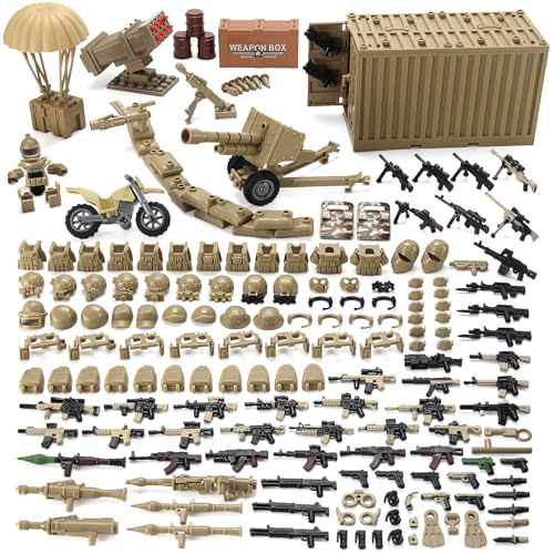 Desert Tan Army Accessories Kit 325 Pcs Military Weapons Pack Gear E.O.D Suit NVD Helmet Shipping Container Armory Building Bricks Block Toy for Soldiers Compatible with Major Brands