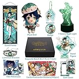 MOTAO Genshin Impact Box, 349Pcs Merch Set with Night Light, Doll, Poster, Pillowcase, Stand Figure, Bracelet, Badge, Keychain, Card Holder, 30 Cards, 30 Postcards, 280 Stickers (Venti)