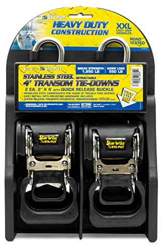 STAR BRITE Heavy Duty Retractable Transom Tie-Downs 2" x 4' + Easy Installation Mounting Hardware Included - Stainless Steel Construction & 2-Step Release for Secure Boat Transportation (060516)