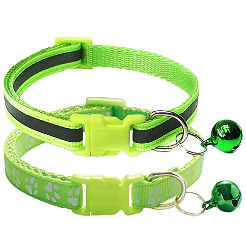 CHBORCHICEN 2-Pack Footprint & Reflective Cat Collar with Bell Basic Dog Cat Collar Buckle Adjustable Polyester Cat Dog Collar or Seatbelts (Small, Fluorescent Green)