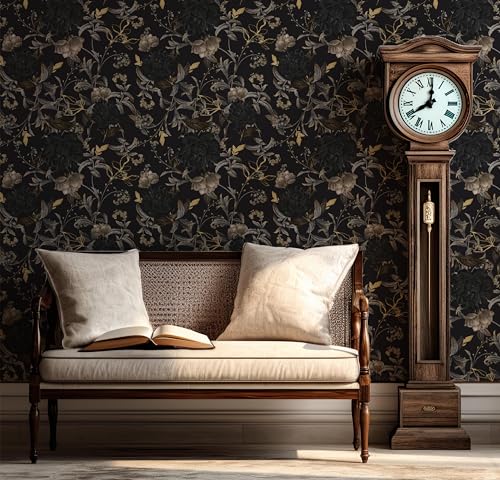 RollsRolla Gothic Black and Gold Self Adhesive Wallpaper - Dark Moody Floral Peel and Stick Wallpaper - Black/Gold/Gray Bathroom, Bedroom, Living Room, Accent Wall