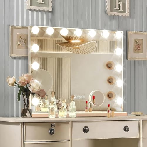 Ratsamee Hollywood Vanity Mirror with Lights, 15 Led Bulbs，3 Color Lights，Make Up Lighted Mirror, Aluminum Metal Frame,USB Charging Port（23" x 18"）