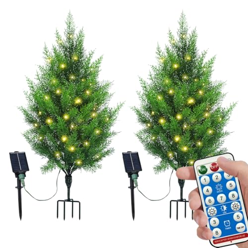 Gfilay 3ft Pre-Lit Artificial Cypress Topiary Trees with Solar Lights, Artificial Outdoor UV-Resistant Faux Shrubs, Set of 2 for Front Porch, Backyard, and Garden Walkways Decor