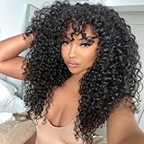 200 Density Curly Wig with Bangs Human Hair Full Machine Made Scalp Top Wig Glueless Virgin Brazilian Long Curly Wig No Lace for Black Women Natural Color 22 inch