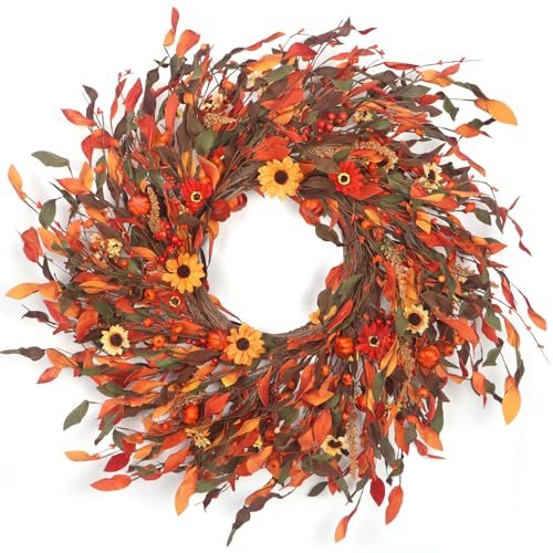 25" Fall Wreaths for Front Door, Passional Daisy Pumkin Wreath for Thanksgiving Harvest Front Door Wreath Decor, Farmhouse Outdoor Wedding