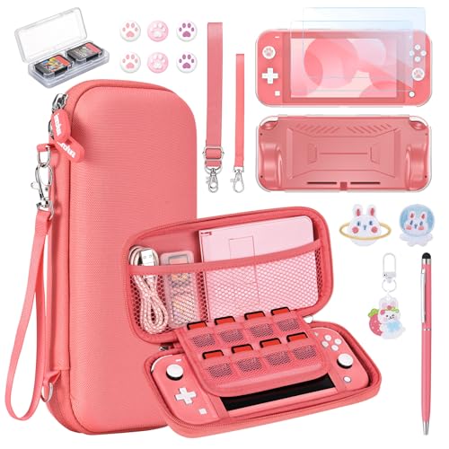 innoAura Switch Lite Case 18 in 1 Switch Lite Accessories Bundle with Switch Lite Carrying Case, Switch Game Case, Switch Lite Screen Protector, Switch Stand, Switch Thumb Grips (Coral)