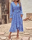 BTFBM Casual Dresses for Women Summer Spring Wrap V Neck Long Sleeve Ruffle Flowy Floral Maxi Boho Wedding Guest Dress(White Floral Bright Blue, Medium)