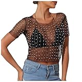 Sheer Short Sleeve Tops for Women Crewneck Mesh See Through Sexy Fitted T-Shirt Fashion Casual Night Out Party Wear