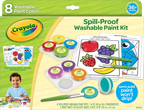 Crayola Spill Proof Paint Set (8ct), Washable Toddler Paint Kit, Includes Brushes, Pots, Activity Pages, Toddler Gift, Ages 3+