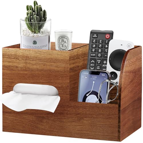 BIBELUN Wood Tissue Box Cover Square with Tray and Remote Holder,Multifunctional Tissues Cube Box Organizer/Shelf/Rack,Napkin Storage Box for Bathroom,Vanity Countertop,Nightstand,Office,Home Decor