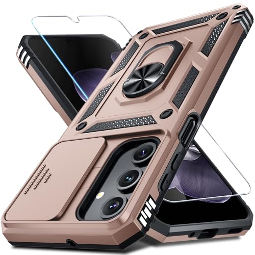 Janmitta Compatible with Samsung Galaxy A16 5G/4G Case Built in Slide Camera Lens Cover+Screen Protector+Finger Ring Holder Kickstand,Heavy Duty Shockproof Full Body Phone Cover,2025 Rose Gold
