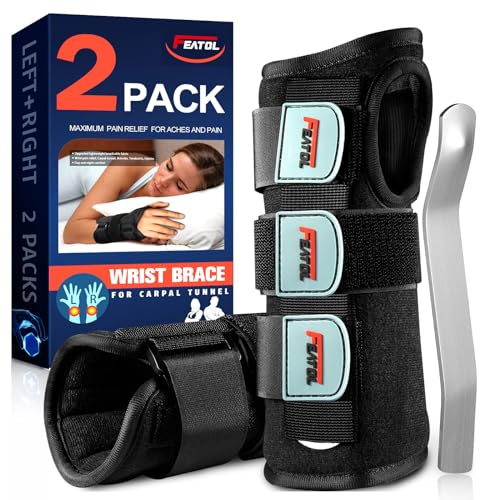 FEATOL Carpal Tunnel Wrist Brace Night Support 2 Pack - Wrist Splint for Pain Relief Tendonitis, Sprained, Arthritis - Metal Splint Stabilizer With Hand Brace -FOR Sleeping Women Men -Right&Left(S/M)