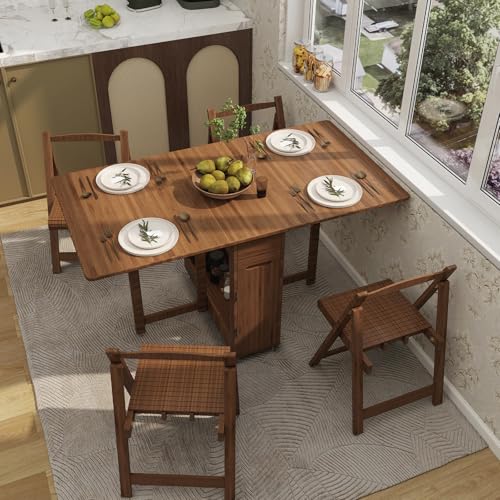 Folding Dining Table Set for 4 with Foldable Chairs, Bamboo Crafted Dining Room Furniture Sets, Drop-Leaf Design Dinette with Storage, Saver 80% Kitchen Space, No Assembly Required (Brown)