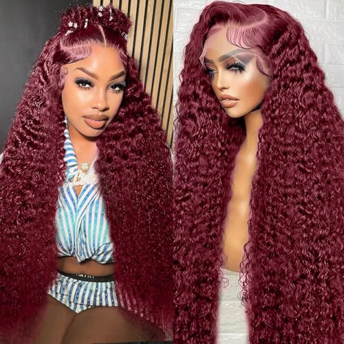 Kivolin 32 Inch 99j Burgundy Lace Front Wigs Human Hair Deep Wave Lace Front Wigs Human Hair Pre Plucked Red Curly Human Hair Wig 13x4 HD Colored Frontal Glueless Wet and Wavy Loose Deep Wave