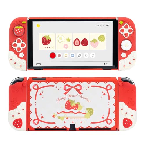 GeekShare Protective Case for Switch OLED Slim Cover Case Compatible with Switch OLED Separable Soft Silicone Protective Shell for Joy Con with 2 Thumb Grip Caps - Strawberries with Cream