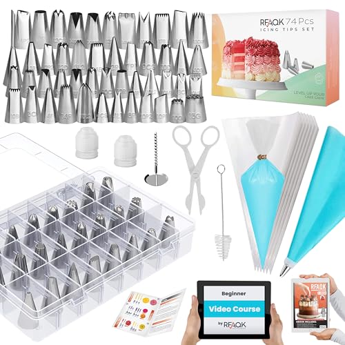 RFAQK 74 PCs Icing Piping Bags and Tips Set, Cake Decorating Kit with 48-Numbered Piping Tips, 20+1 Pastry Bags for Cookie Cupcake Cake Decoration, Cake Decorating Tips Set with Booklet and E-book