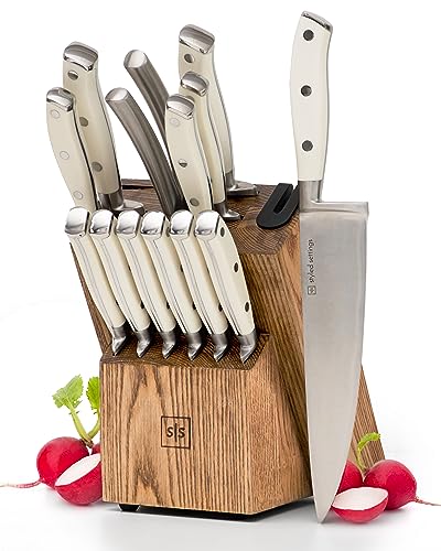 White Knife Set with Block – 14-Piece Forged Stainless Steel Knives with Triple Rivet Handles, Heavy-Duty Kitchen Shears, and Self-Sharpening Knife Block – Durable White Kitchen Accessories