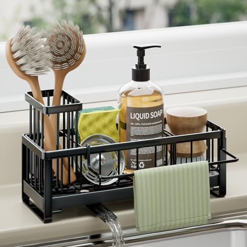 HapiRm Sponge Holder for Kitchen Sink - Self-draining Sink Caddy With Brush and Dishcloth Holders, Stainless Steel Kitchen Organizer for Countertop - Black