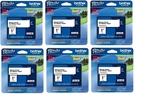 Brother Genuine P-Touch 6-Pack TZe-251 Laminated Tape, Black Print on White Standard Adhesive Laminated Tape for P-Touch Label Makers, Each Roll is 0.94"/24mm (~ 1") Wide, 26.2 ft. (8M) Long