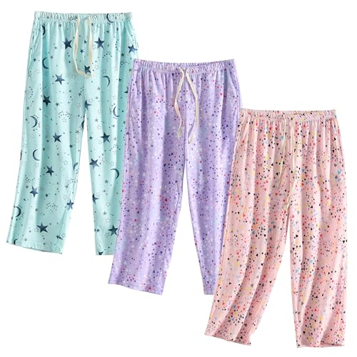 PNAEONG 3 Pack Women Pajama Pants Capri Length Drawstring Pj Bottoms Sleep Lounge Pants with Pockets X-Large