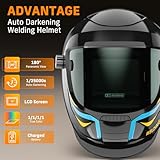 Panoramic 180° View Auto Darkening Welding Helmet with Digital Display, True Color Solar/Rechargeable Battery Power Welding Hood, 4 Arc Sensor Wide Shade 4/5-9/9-13 Welding Mask for TIG MIG ARC