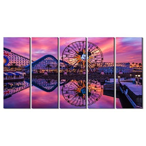Nature Sunset Canvas Wall Art Ferris Wheel Wall Decor 5 Pieces, Amusement Park Landscape Pictures Dusk Castle Panoramic Painting Canvas Print Artwork for Living Room Bedroom Home Decoration 60 x 32"