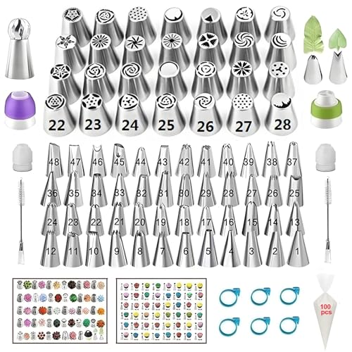 YOQXHY 193 Pcs Russian Piping Tips Set, with 28 Numbered Russian Tips,48 Numbered Icing Tips,1 Ball Tip,2 Leaf Tips,Pattern Chart,100 Pastry Bags,4 Couplers,6 Bag Ties for Cake Decorating