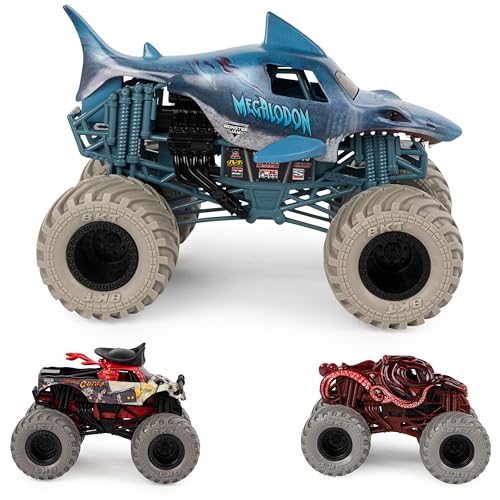 Monster Jam, Into The Deep 3-Pack Die-Cast Monster Trucks, 1:24 Scale Megalodon, 1:64 Scale Pirate’s Curse & Octon8er, Kids Toys for Ages 4-6+