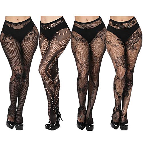 DOIAESKV 4 Pairs Plus Size Women Fishnet Tights,DOAESKV Sexy Lace Patterned Floral Stockings High Waist Pantyhose for Girls Ladies (3030323334)
