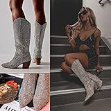 MUCCCUTE Women's Rhinestone Western Knee-High Boots Cowgirl Point-Toe Block Heel Wedding Party Boots for Ladies Size 7