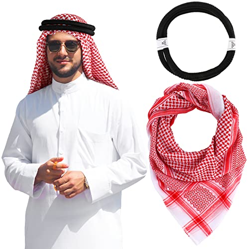 Hoolerry Arab Shemagh Muslim Keffiyeh Head Wrap Scarf Arabic Tactical Desert Headwear with Aqel Rope Halloween Costume Accessories(Red)