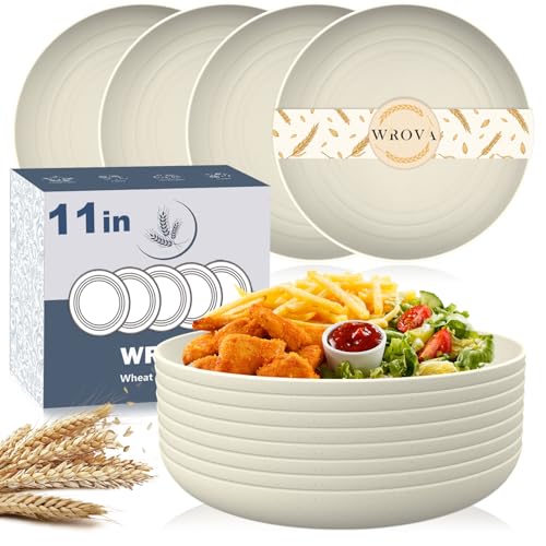 Wrova Large Wheat Straw Dinner Plates - 11 Inch Set of 8 - Unbreakable, Dishwasher & Microwave Safe - Deep Edge for Kitchen & Camping (Beige)