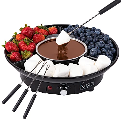 Kusini Electric Fondue Pot Set - Chocolate Fondue Kit - Temperature Control, Detachable Serving Trays, & 4 Roasting Forks - Gift Set & Date Night Idea. Serve at Movie Night or Game Night.