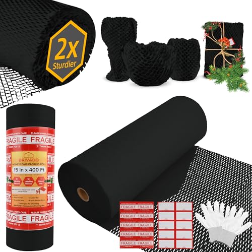 Black Honeycomb Packing Paper 15"x4800" (400 ft) Roll - Eco-Friendly Packing Paper with Fragile & Labelling Stickers, Gloves | Black Bubble Wrap Honeycomb Paper