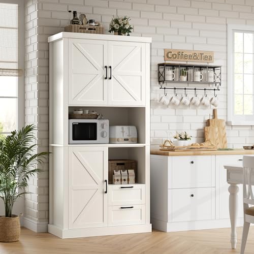 HOSTACK 76" Tall Farmhouse Kitchen Pantry Cabinet, Kitchen Hutch Bar Cabinet with Drawers & Shelves, Large Wood Storage Cabinets with Barn Doors & Microwave Stand, Cupboard for Dining Room, White