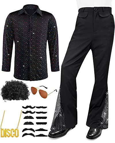 Mens 70s Disco Outfit Costume Bell Bottom Pants Shirts Wigs Necklace Mustache Sunglasses (Black,Large)