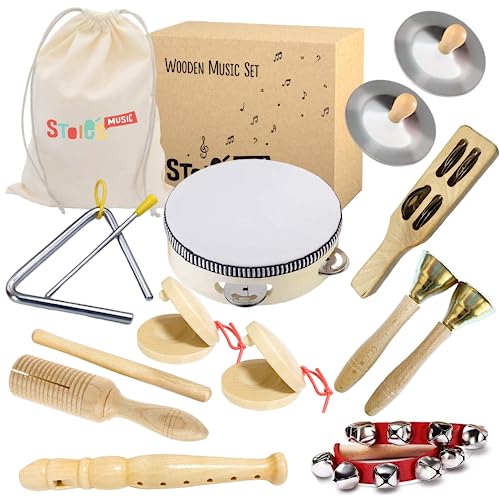 Stoie's Wooden Kids Musical Instruments for 3-9 Years Old, with Drum, Flute, Hand Bells, Cymbals, Castanets, Triangle, for Babies and Toddlers, Durable, Safe, Montessori Educational Toy, Storage Bag