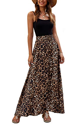 Bluetime Women Leopard Print Long Skirts Chiffon Summer Beach Pleated Elastic High Waisted Maxi Skirts (L, Floral1)