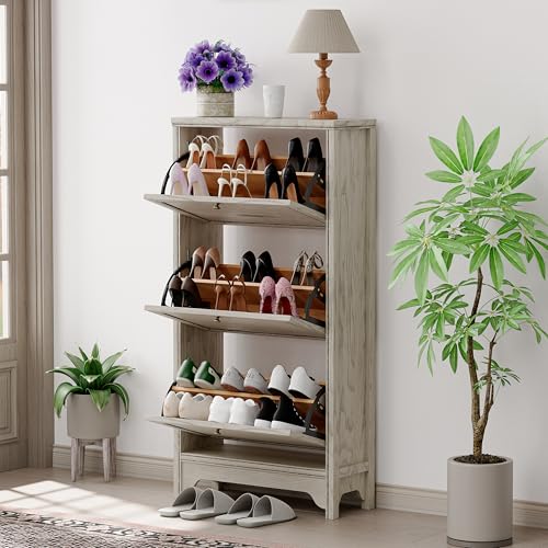 Chogori 3-Tier Shoe Cabinet – Solid Wood Entryway Shoe Storage Organizer with Flip-Up Doors, Adjustable Shelves – Narrow Freestanding Shoe Cabinets for Hallway – Space-Saving Design (1, Charcoal Gray)