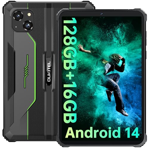 OUKITEL RT3 Pro Rugged Tablet - 16GB+128GB 1TB Expandable Waterproof Android 14 Tablet, 8 Inch HD Display, 5150mAh Battery Tablets, 16+8MP Camera, 4G Dual SIM/5G WiFi/Face ID/OTG/NFC/BT5.0, Green