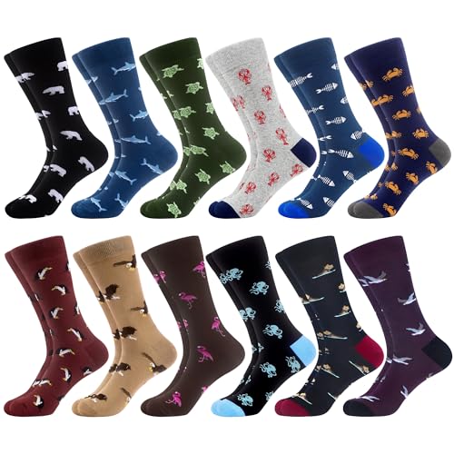WeciBor Men's Seamless Combed Cotton Dress Socks, 12 Pack Multicolor Animal, Size 10-13