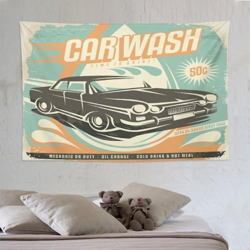 ZhiRain Cars Tapestry Wall Hanging Retro Car Wash Poster Mechanic Repair Cleaning Grunge Print Tapestries Home Decor for Living Room Bedroom Apartment Farmhouse Dorm 60"x90"