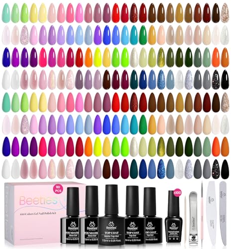 Beetles 110 PCS Gel Nail Polish Set, 100 Colors Infinite Inspiration All Season Red Brown Green Black Gel Polish with 5Pcs Base Top Coat Soak off UV Gel for Manicure Lovers DIY at Home Gifts for Women