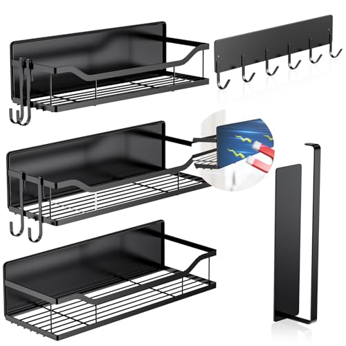 JulktLli 5 Pack Multifunctional Magnetic Shelves for Refrigerator Spice Rack & Washing Machine Organize, Include Paper Towel Holder, Kitchen Utensil Hanger and Hooks, Strong Magnet for Secure Hold