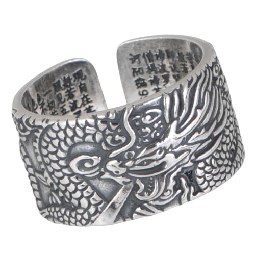 Vintage 999 Sterling Silver Chinese Dragon Ring Band Inscribed Heart Sutra for Men Women Open Adjustable